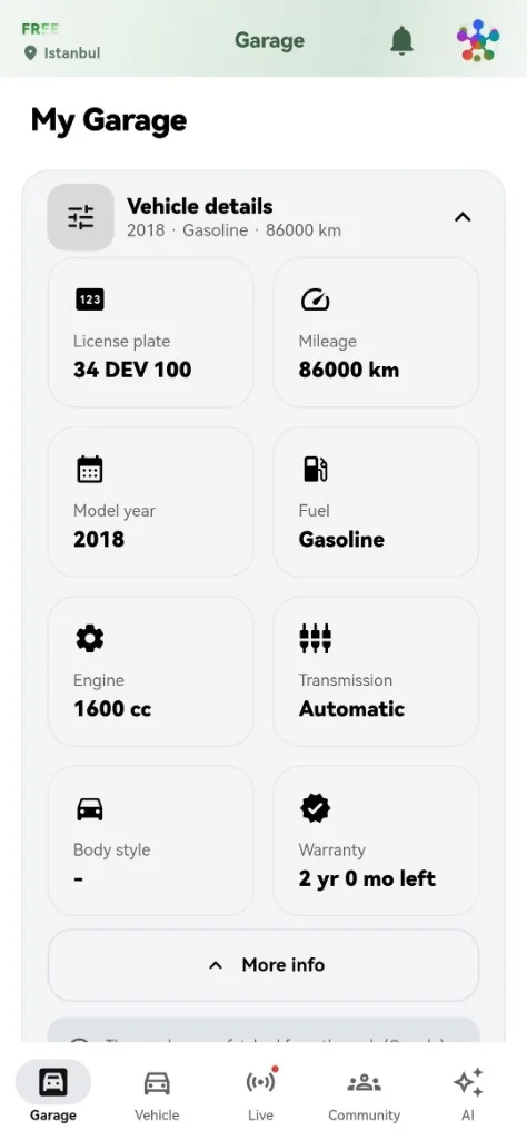 My Garage screen with vehicle details such as mileage, model year, fuel type, engine and warranty