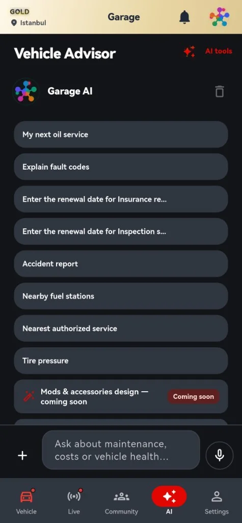 Vehicle Advisor screen with suggested questions about maintenance, fault codes and renewals