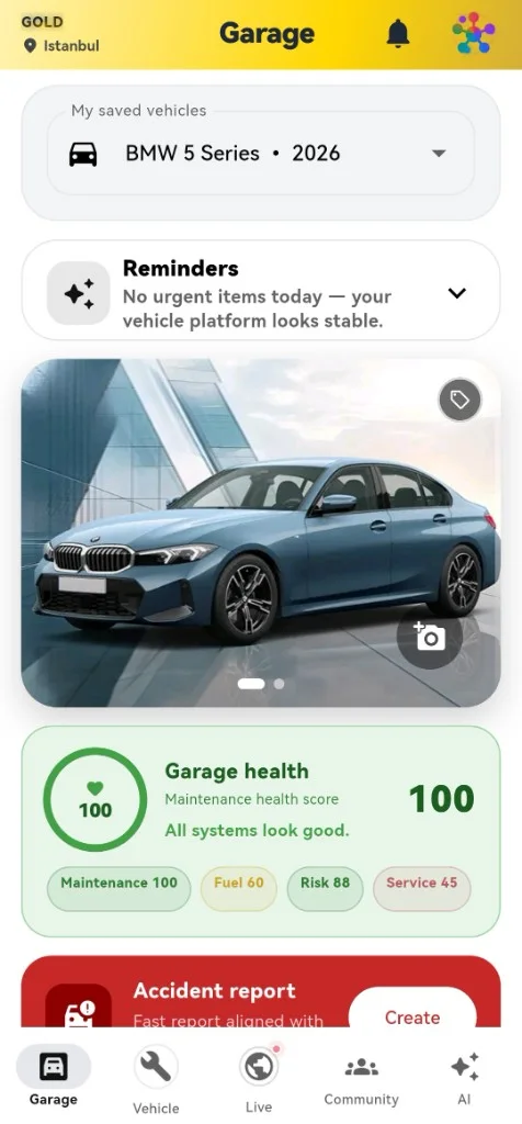 Garage screen with a saved vehicle, reminders and a maintenance health score
